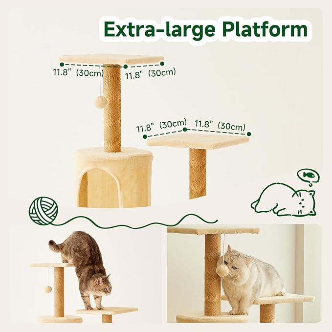 Deluxe Cat Tree Tower, 132cm Multi-Level Climbing Structure with Condo, Hammocks, Platforms, Beige Plush, Indoor Activity Center