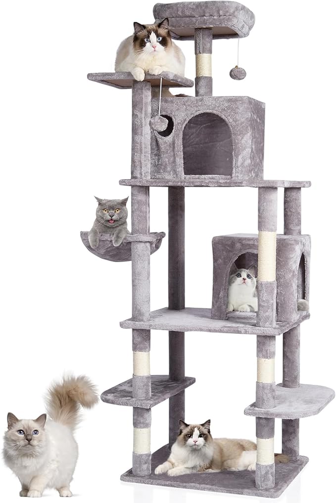 Happybuy Cat Tree for Indoor Cats, 68.5" Cat Tower with 2 Cat Condos, Sisal Scratching Post, Hammock, Top Perch, Jumping Platforms, Large Cat Furniture Activity Center with Hang Ball, Light Grey