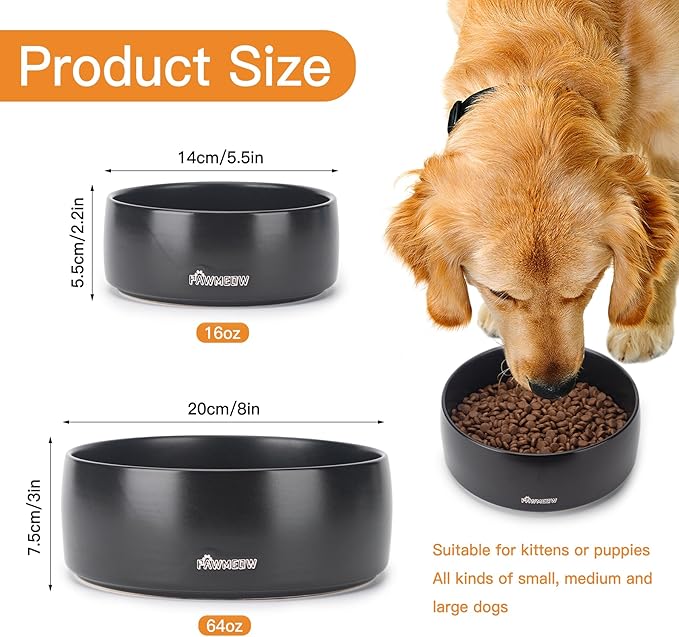 Ceramic Dog Bowl - 5.5-Inch Small & Medium Dog Feeder, Spill Resistant, Heavy Duty Modern Pet Bowl (16 oz) Black