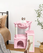 SYANDLVY Cat Tree for Indoor Cats Large Adults, Modern Activity Tower with Scratching Posts & Board, Condo with Plush Perch, Climbing Stand with Cradle & Hanging Ball for Play, Pink