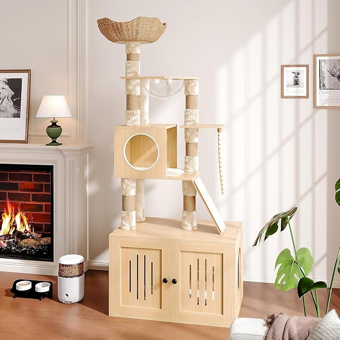 Tall Cat Tree with Litter Box Enclosure, 66.9” Multi-Level Cat Condo Tower, Sturdy Cat House with Perches, Hammock & Scratching Posts for Indoor Cats, Large Modern Cat Furniture