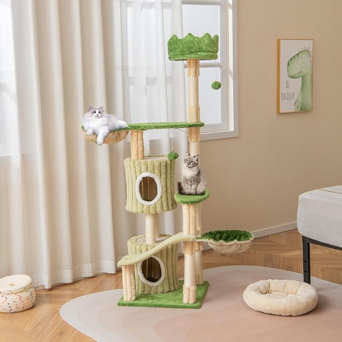 Tangkula 63 Inch Tall Cat Tree, Cute Green Cat Tower with 2 Condos, Plush Top Perch, 2 Basket Beds, Sisal Scratching Posts, 2 Dangling Balls, Slide Platform, Large Aesthetic Cat Tree for Indoor Cats