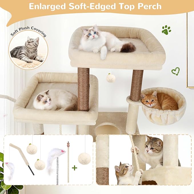 Globlazer 81" Cat Tree Tower for Large Cats, Heavy Duty Cat Tree for 6 Maine Coons & Ragdolls, Multi-Level Stable Activity Center with 3 Hammocks 7 Sisal Posts 2 Condos & Scratching Board, F81D, Beige