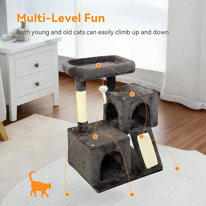 Cat Tree, 29.5 Inches Cat Tower with Dual Condos for Indoor Cats, Plush Cat House with Padded Perch, Scratching Ramp and Posts -Dark Gray