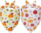 Thanksgiving Dog Bandanas 2-Pack for Large to X-Large Dogs - Reversible Pumpkins & Fall Leaves Print Scarf, Cozy Pet Family Gatherings Accessories
