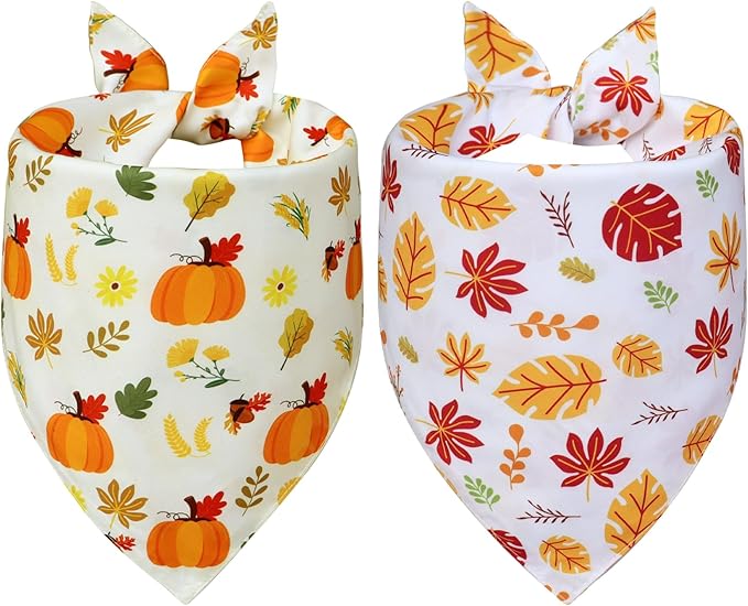 Thanksgiving Dog Bandanas 2-Pack for Small to Medium Dogs - Reversible Pumpkins & Fall Leaves Print Scarf, Cozy Pet Family Gatherings Accessories