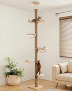 PawGiant Floor to Ceiling Cat Tree, Cat Tower with Adjustable Height 106-110", Sturdy 6-Tier Cat Climbing Stand with 2 Space Capsules & Scratching Posts, No Drilling for Indoor Multi-Cats