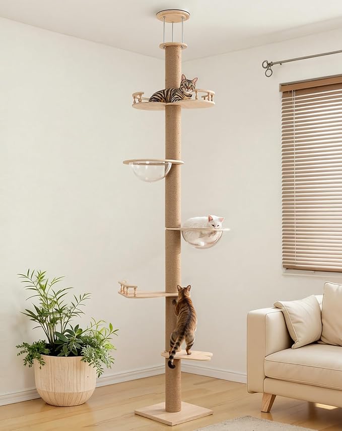 PawGiant Floor to Ceiling Cat Tree, Cat Tower with Adjustable Height 106-110", Sturdy 6-Tier Cat Climbing Stand with 2 Space Capsules & Scratching Posts, No Drilling for Indoor Multi-Cats