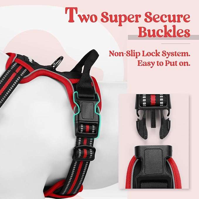 rabbitgoo Dog Harness No Pull with 2 Leash Clips, Adjustable Soft Padded, Reflective Oxford No Choke Pet Vest with Easy Control Handle for Large Dogs, Black & Red, XL