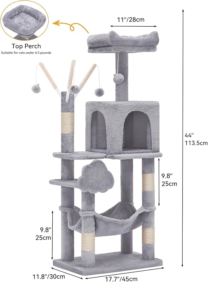 YITAHOME 44in Cat Tree Tower Indoor, Multi-Level Cat Condo with Scratching Posts, Cat Window Padded Plush Perch, Cozy Hammock, Funny Pompoms for Kittens Pet Play House, Light Gray