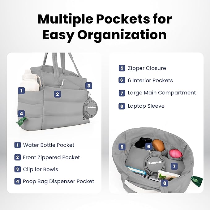 rubyloo Puffer Dog Travel Bag for Dog Moms – Doggy Diaper Bag with Pet Bowls & Food Storage or Everyday Puffy Tote – Doggy Mom Gifts for Women – Lightweight, Travel-Ready Gift for Pet Lovers - Grey