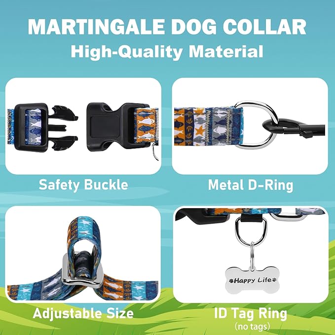 Reflective Martingale Collar with Buckle Shark Starfish Ethnic Stripe Adjustable Designer Dog Collars (Underwater World, Medium)