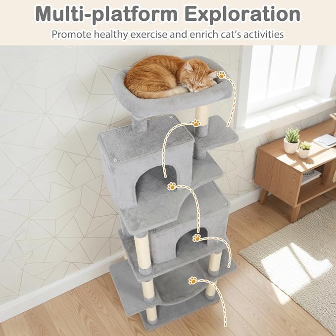 Tangkula 70 Inch Tall Cat Tree, Multi-Level Large Cat Tower with Sisal Scratching Posts, Plush Top Perch, 2 Condos, Hammock, 2 Dangling Balls, Cat Tree Tower for Indoor Cats Large Adults (Light Grey)