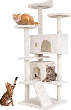 24/7 Shop at Home Court 54 inch Multi-Level Cute Cat Tree Tower with Dangling Ball and Scratching Posts for Indoor Cats Adults, Kitten Supplies, Pet House, Beige