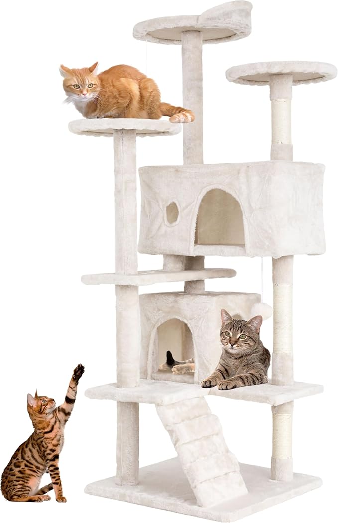 24/7 Shop at Home Court 54 inch Multi-Level Cute Cat Tree Tower with Dangling Ball and Scratching Posts for Indoor Cats Adults, Kitten Supplies, Pet House, Beige