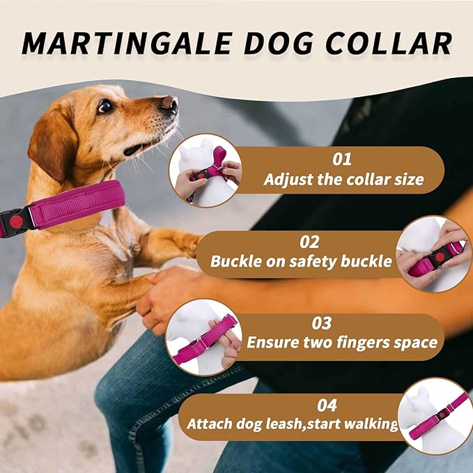 Martingale No Pull Dog Collar for Large Medium Small Dogs, Heavy Duty Nylon Reflective Adjustable Anti Pull Slip Collar with Buckle for Training Walking M Hot Pink