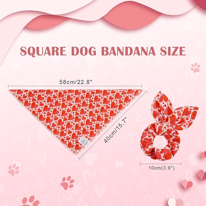 E-Clover Mother's Day Heart Dog Bandanas & Matching Scrunchie Set Cute Girl Dog Scarf Bibs Pet Bandana with Bow Tie for Small Dogs Puppy Owner Mom Red Pink