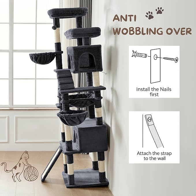 80 Inch Cat Tree, Large Cat Tower with 9 Scratching Posts, 2 Perches, 2 Caves, 2 Basket, 2 Stairs, Extra Large Hammock, Multi-Level Plush Cat Condo for Indoor Cats/Smoky Grey