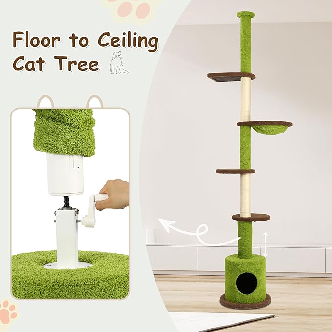 KAMABOKO Floor to Ceiling Cat Tree, Cat Tower 5-Tier Height(88-107 Inches) Adjustable, Tall Cat Climbing Tower with Scratching Post, Cat Cave Condo, Cozy Hammock, and Ball Toy for Indoor Cats