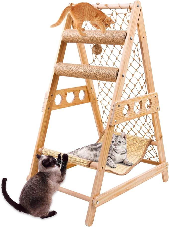 Cat Tree Ladder, Ladder Cat Tree with Hammock Scratching Post Climbing Web and Danging Sisal Ball, Cat Ladders Can Accommodate Multiple Cats and Can be Removed by The Window