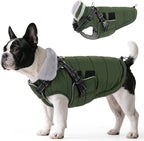 Queenmore Small Winter Dog Coat with Harness Built-in, Waterproof Winter Jackets for Small Dogs, Puppy Warm Puffer Jacket for Snow Weather - Fleece Reflective Easy On Hook & Loop Closure, Green S