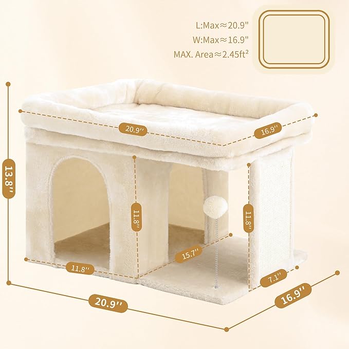 Heybly Cat Tree, 14 inch Cat Tower with Large Perch Bed and Cat Condo for Indoor Cats Large Adult, Cat House with Scratching Posts and Interactive Spring Balls for Your Kittens, Beige HCT203SM