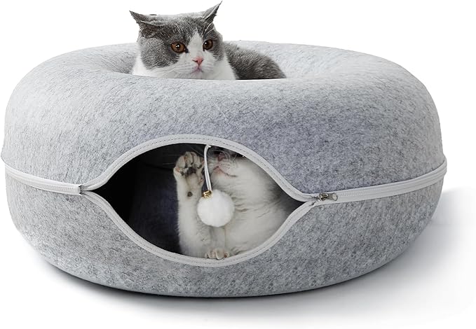 Peekaboo Cat Tunnel for Large Cats up to 10 lbs, Features A Jingle Ball, Removable and Washable Tunnel Bed, and a Cozy Donut Tunnel (Light Gray, 20 Inches)