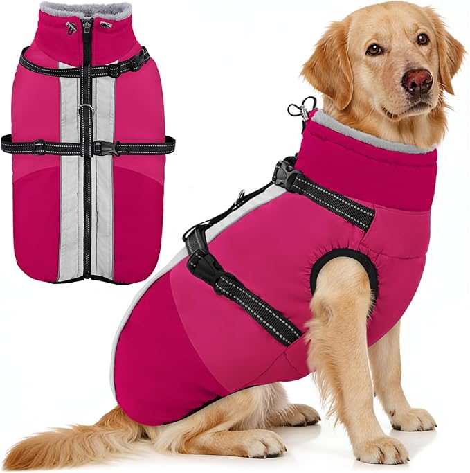 AOFITEE Dog Coat, Windproof Turtleneck Dog Jacket with Built in Harness, Reflective Dogs Jackets with Fleece Lining, Waterproof Pet Winter Coat for Cold Weather for Border Collie, Beagle, Hot Pink XL