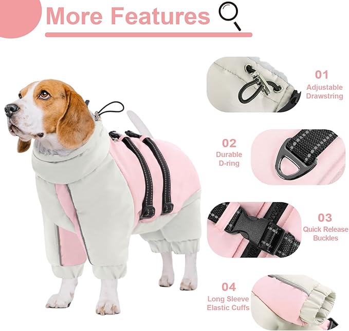 KOESON Four Legged Winter Coat, Warm Dog Jacket with Adjustable Buckles, Turtleneck Windproof Fleece Jackets, Reflective Fullbody Snowsuit Puffer Coat Pink Grey L