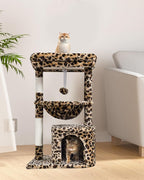 SYANDLVY Small Leopard Print Cat Tree for Indoor Cats, Cat Tower with Scratching Post, Modern Cat House with Padded Perch, Kittens Condo with Cradle, Cat Cave