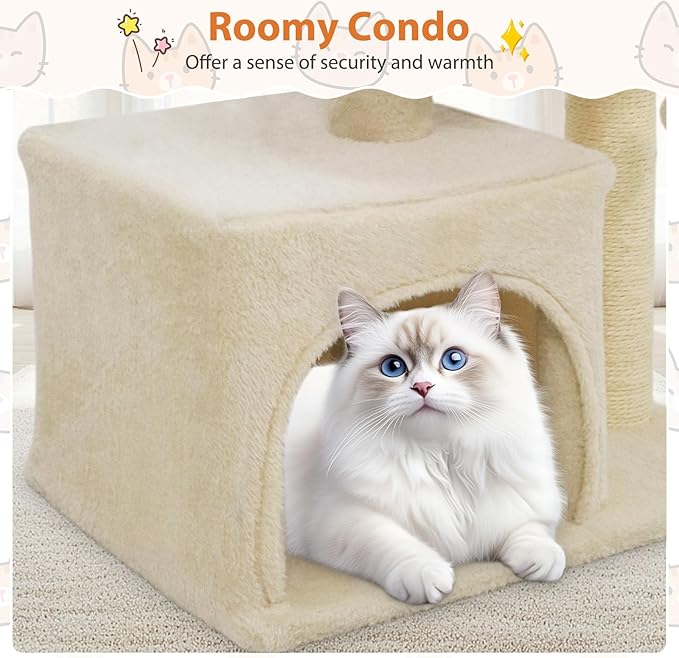DORTALA Small Cat Tree, Cat Tower with Condo, Top Perch, Sisal Scratching Post & Hanging Ball, Pet Furniture Activity Center for Indoor Kittens Playing (Beige)