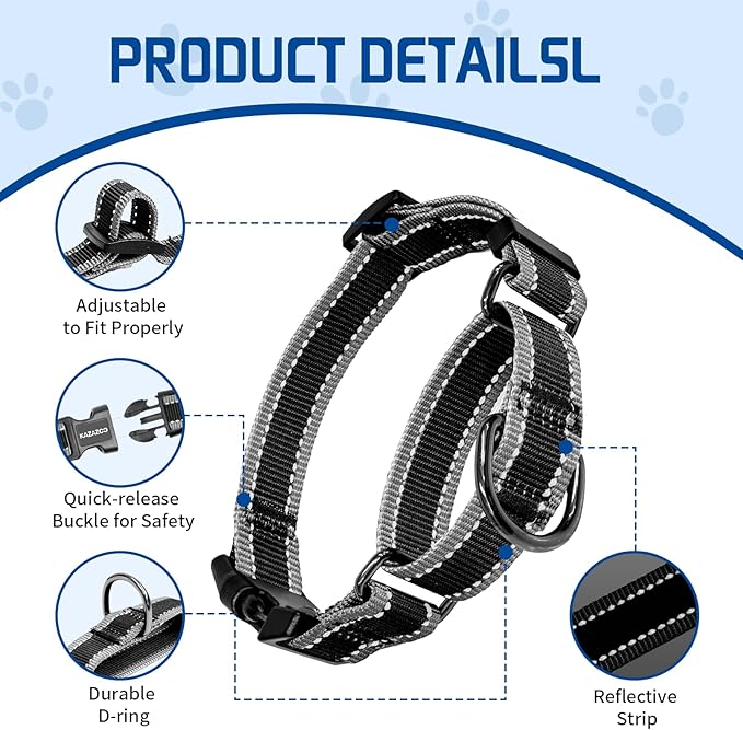 Kazazoo Reflective Martingale Collar for Dogs with Quick Release Buckle Adjustable Soft Durable Dog Collar for Small Medium Large No Pull Training Dog Collars-Black L