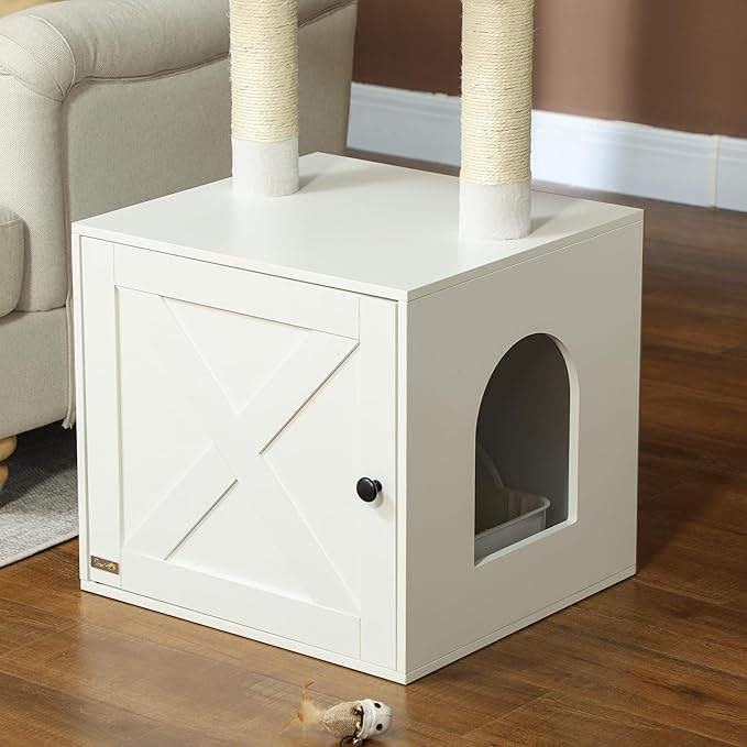 PawHut Cat Tree with Litter Box Enclosure, 2-in-1 Cat Tower with Bed, Climbing Platforms, Scratching Posts, Modern Pet Furniture for Indoor Kittens, White
