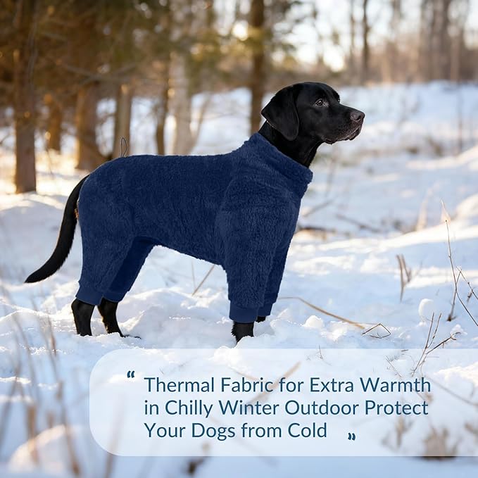 ROZKITCH Warm Dog Pajamas, Comfortable Four-Legged Apparel for Large Dogs, Polyester Coral Fleece Material Jacket for Comfort Thermal in Winter Fall Blue L