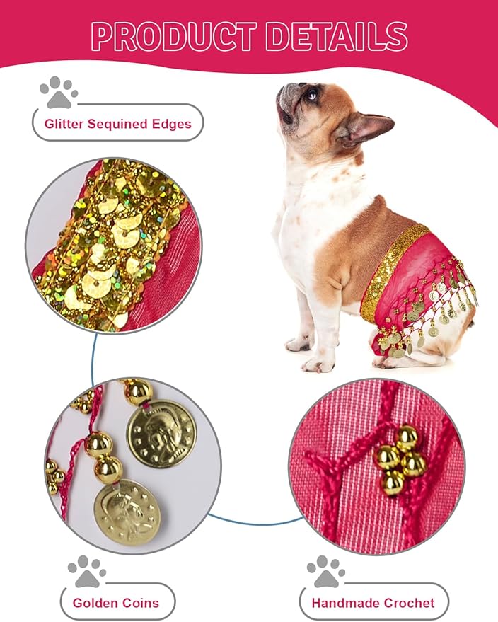 Dog Belly Dancer Costume - Puppy Outfit with Sequin Waist Chain & Hip-Shaking Skirt - Ideal for Corgi and Puppy Birthday Parties or Halloween Celebrations(Small,Rose Red)