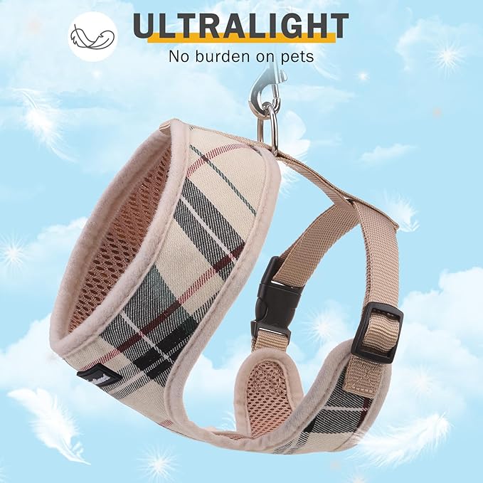 SCENEREAL No Pull Small Dog Harness Collar and Leash Set, Soft Mesh Plaid Puppy Harnesses for Fall Winter, No Chock Pet Vest for Outdoor Walking Training and Running, Beige S