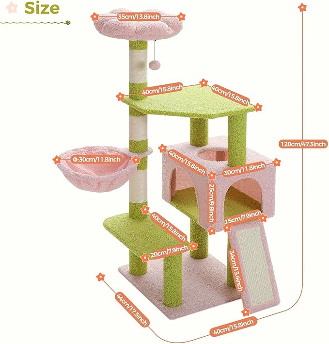 47.3" Flower Cat Tree, Multi-Level Cat Tower with Sisal Covered Scratching Posts Cute Cat Condo for Indoor Small Medium Cats Top Perch (Green)