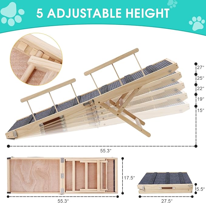 In hand Dog Ramp for High Bed with Safety Rails, Adjustable Foldable Pet Steps Ramp with Anti-Slip Pad, Assist Senior Arthritic, Injured, Small to Large Dogs to Climb Couch Bed Stairs Easily