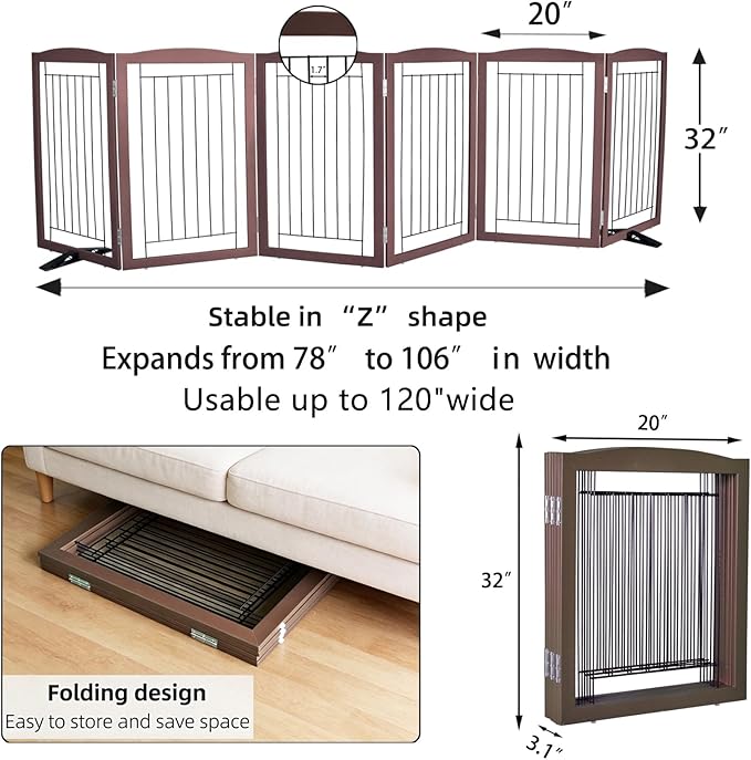 Dog Fence Indoor,Dog Gate Indoor for Doorway pet gate -6-Panel Freestanding, Hallways, House or Stairs -120x32-Inch Retractable Foldable Expandable Wood Pet by SFJC (Brown) ﻿