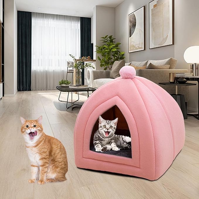 Cat Bed House Warm Cave Kennel Cushion Pad Soft Indoor Enclosed Tent Huts Sofa for Pet Cats Kittens Puppy, Pink
