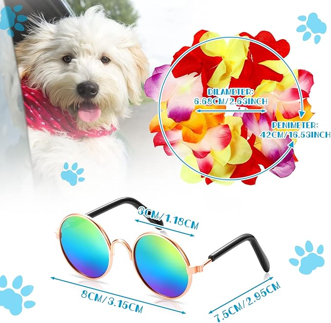 3 Pieces Small Dog Hawaiian Costume Puppy Halloween Cool T-Shirts Summer Clothes with Retro Sunglasses and Colorful Wreath Hawaiian Shirts Costume for Small to Medium Dogs Pet(Blue Series)