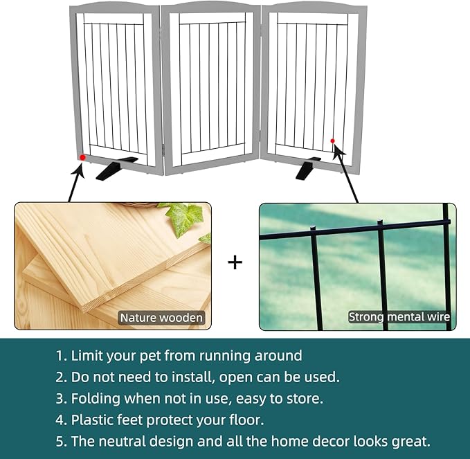 Dog Fence Indoor,Dog Gate Indoor for Doorway pet gate -3-Panel Freestanding, Hallways, House or Stairs -60x32-Inch Retractable Foldable Expandable Wood Pet by SFJC (Grey) ﻿