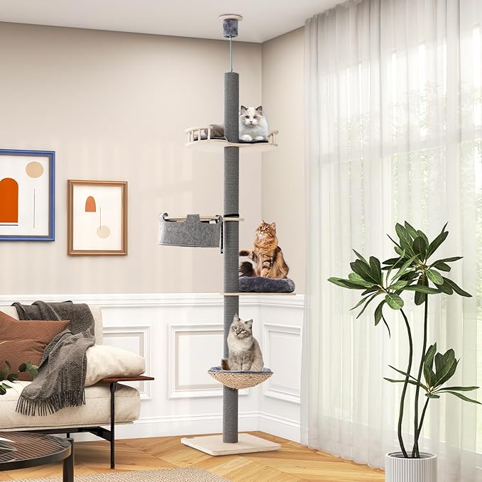 PETSITE Floor to Ceiling Cat Tree with 93”-107” Adjustable Height, 5-Tier Wooden Cat Climbing Pole with Scratching Post, Cozy Hammock and Basket Bed, Floor to Ceiling Cat Tower