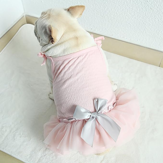 Moorfowl French Bulldog Princess Pink Tutu Dress Summer Vest Gauze Skirt for Pug Corgi Doggie Party Tulle Dress with Bowknot Fashion Outfits (M(Back 12.59"-13.38",Chest 21.25"-22.83"))