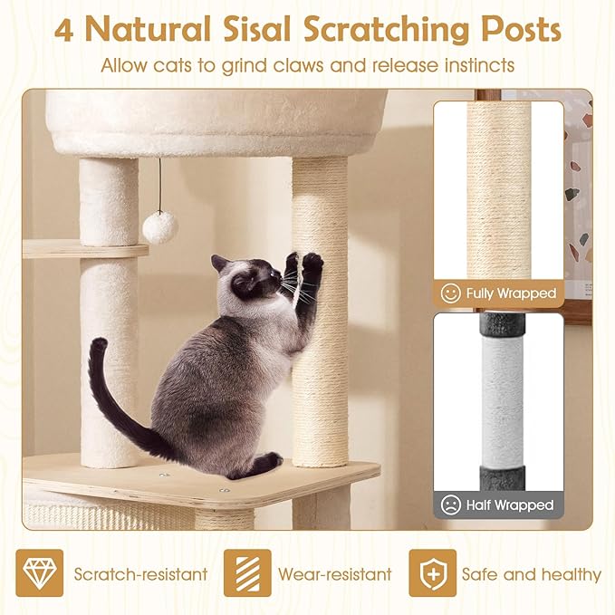PETSITE 56 Inches Wooden Cat Tree, Multi-Level Modern Cat Tower with Sisal Scratching Posts, Comfy Condo with Sisal Covered Exterior, Climbing Ladder, Dangling Ball, and Soft Top Perch