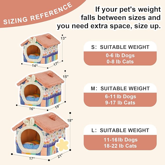 JIUPETY Cute Cat Beds for Indoor Cats, Foldable Cat House with Non-Slip Bottom, S Size Kitten Bed for 0-6 Lb Dogs and 0-8 Lb Cats, Rainbow