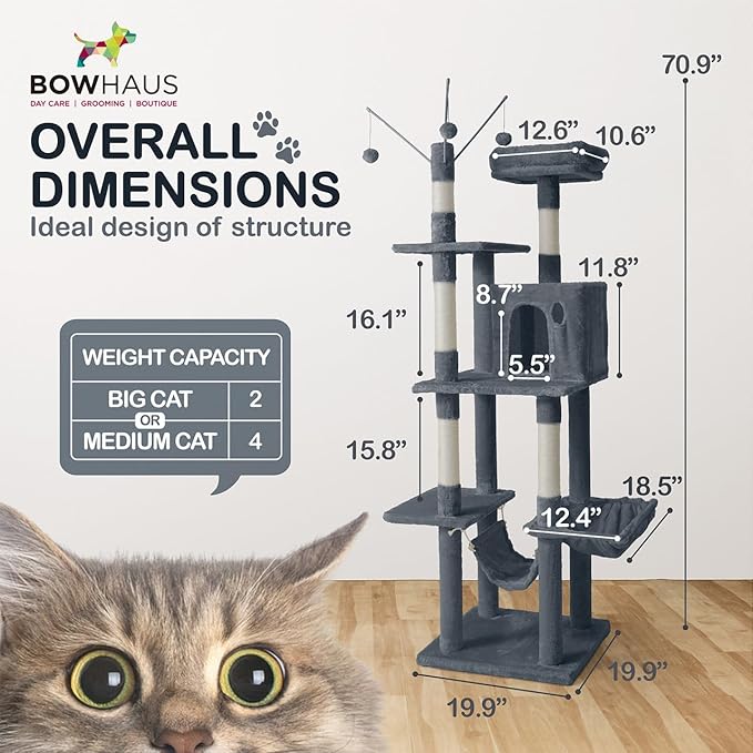 Tall Cat Tree for Indoor Large Cats or Kittens, Multi-Level Cat Activity Tree with Scratching Posts, Hammock, Cat Cave Condo, Modern Cute Small Cat Climbing Tower with Widened Perch
