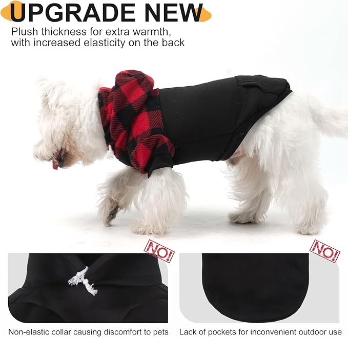 Dog Christmas Hoodie for Small Medium Large Dogs, Fleece Plaid Pet Hooded Clothes Sweater with Hat & Pocket for Cold Weather Winter,Warm Soft Pullover Sweatshirt Coat Outfit for Puppy Girls Boys S-M