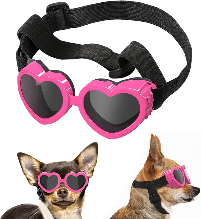 Lewondr Small Dog Sunglasses UV Protection Goggles Eye Wear Protection with Adjustable Strap Doggy Heart Shape Anti-Fog Sunglasses for Pet Dogs Sun Glasses Doggie Windproof Glasses, Pink