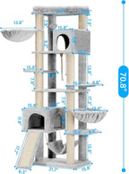 Hey-brother Cat Tree, 70.8 Inches Multi-Level Cat Tree Tower for Large Cats, Heavy Duty Cat Tower with Cat Condo,Baskets, Cat Scratching Posts, Big Hammock and Food Bowls, Light Gray MPJ036W